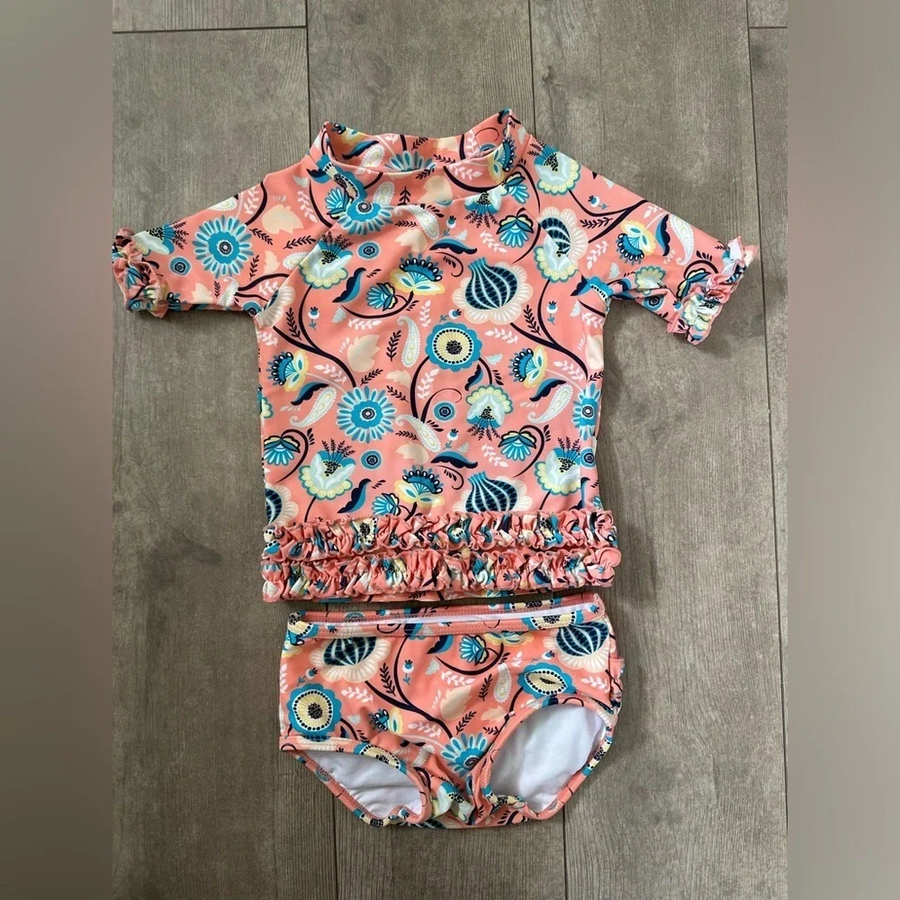 RuffleButts Paisley Paradise Two-Piece Rashguard Swimsuit Size 18-24 months